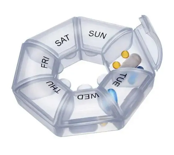 Kerek gyógyszeradagoló doboz heti kiosztással