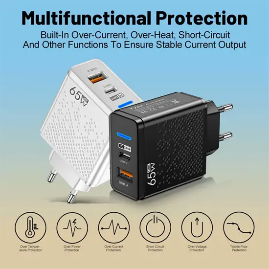 GAN gyors töltőfej /USB A+C, 65W, LED/