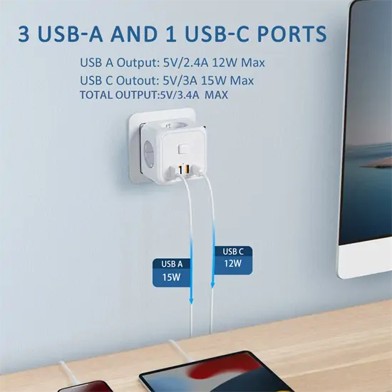 7in1 220V+USB utazó elosztó kocka