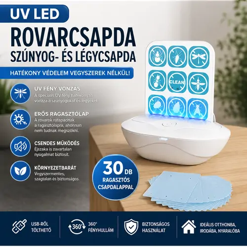 Akkumulátoros UV+LED szúnyog és rovarcsapda cserélhető ragasztólapokkal