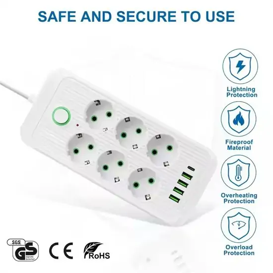Tűzálló 6-os elosztó 5 USB porttal - F06U /2500W, 2 méter/